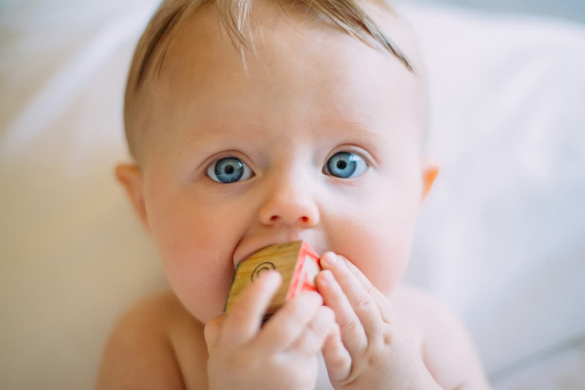 A blue-eyed baby chews on a wooden toy block, holding it to their mouth with both hands.