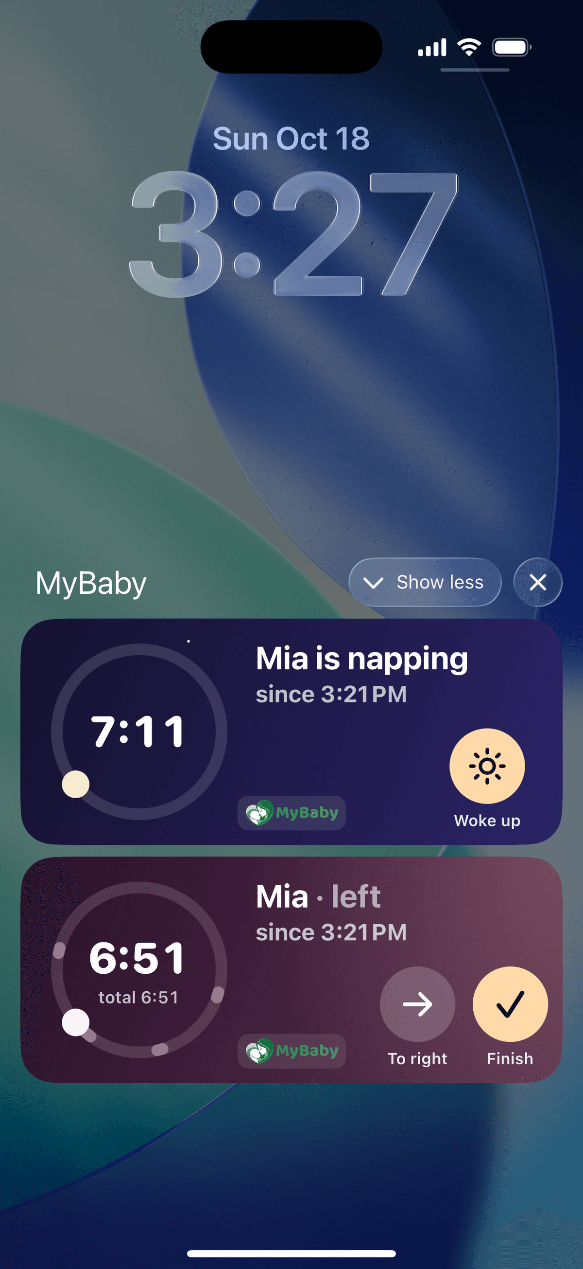 The Lock Screen with two running timers: Mia napping since 3:21 PM with a Woke up button, and nursing on the left side with To right and Finish buttons