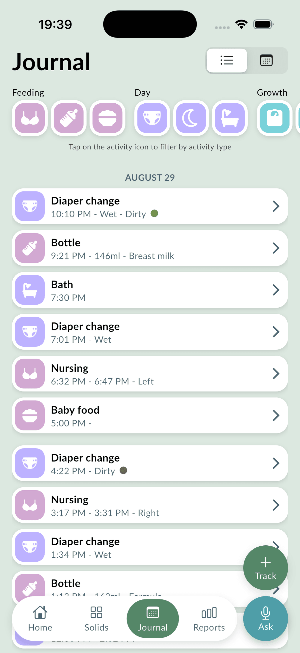 A day in the journal, with diaper changes logged alongside feeds and a bath