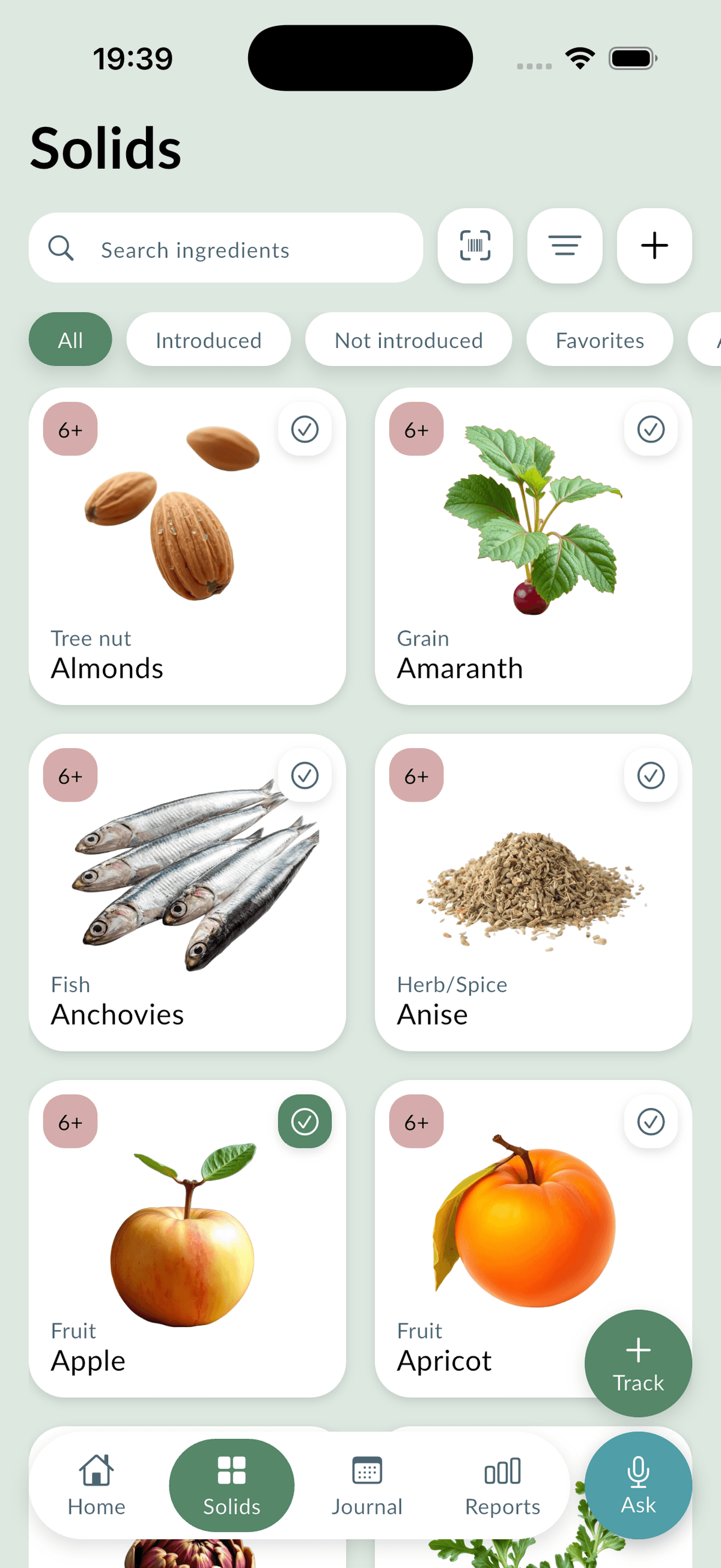 The solids catalogue, listing ingredients with an age badge and introduced marks