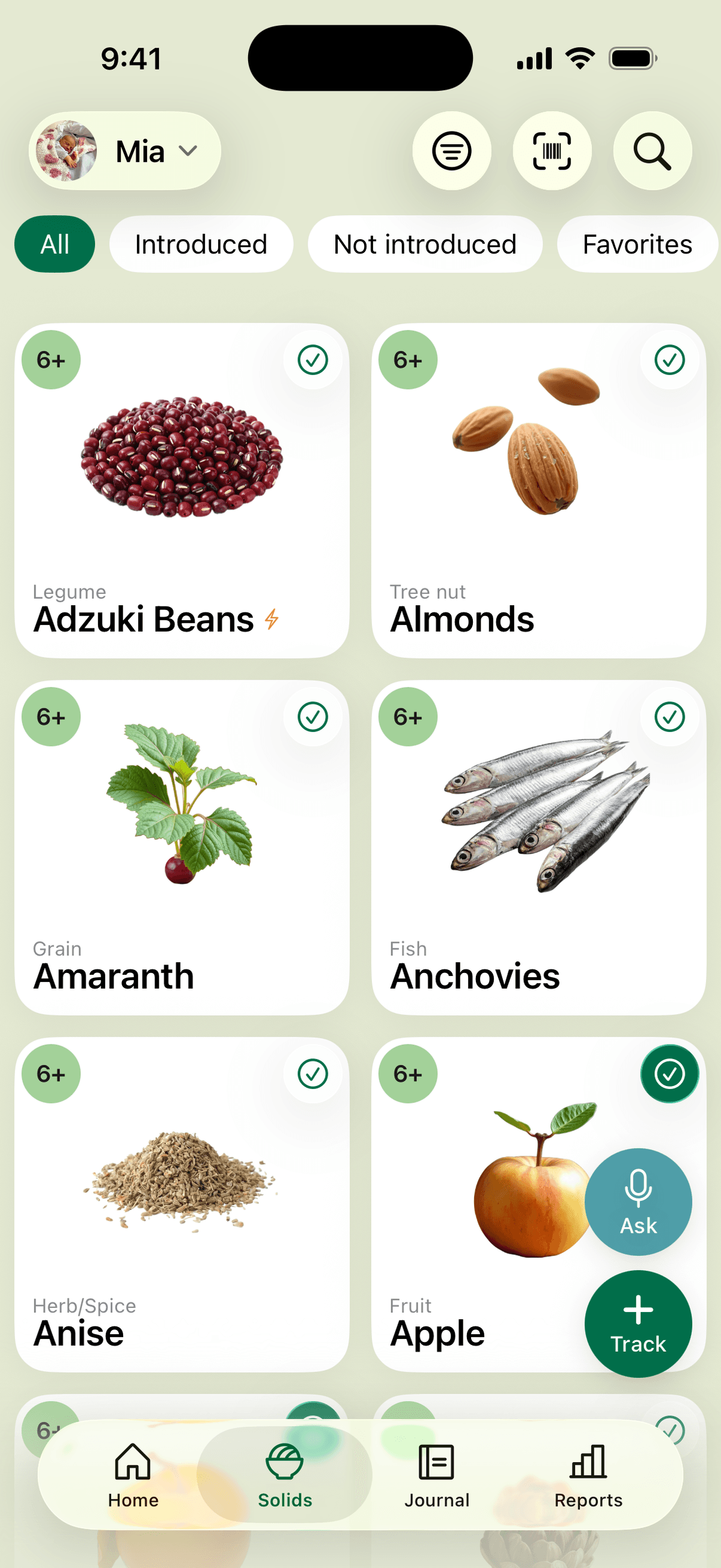 The solids catalogue: foods with an age badge and an introduced mark, filtered by introduced, not introduced and favourites