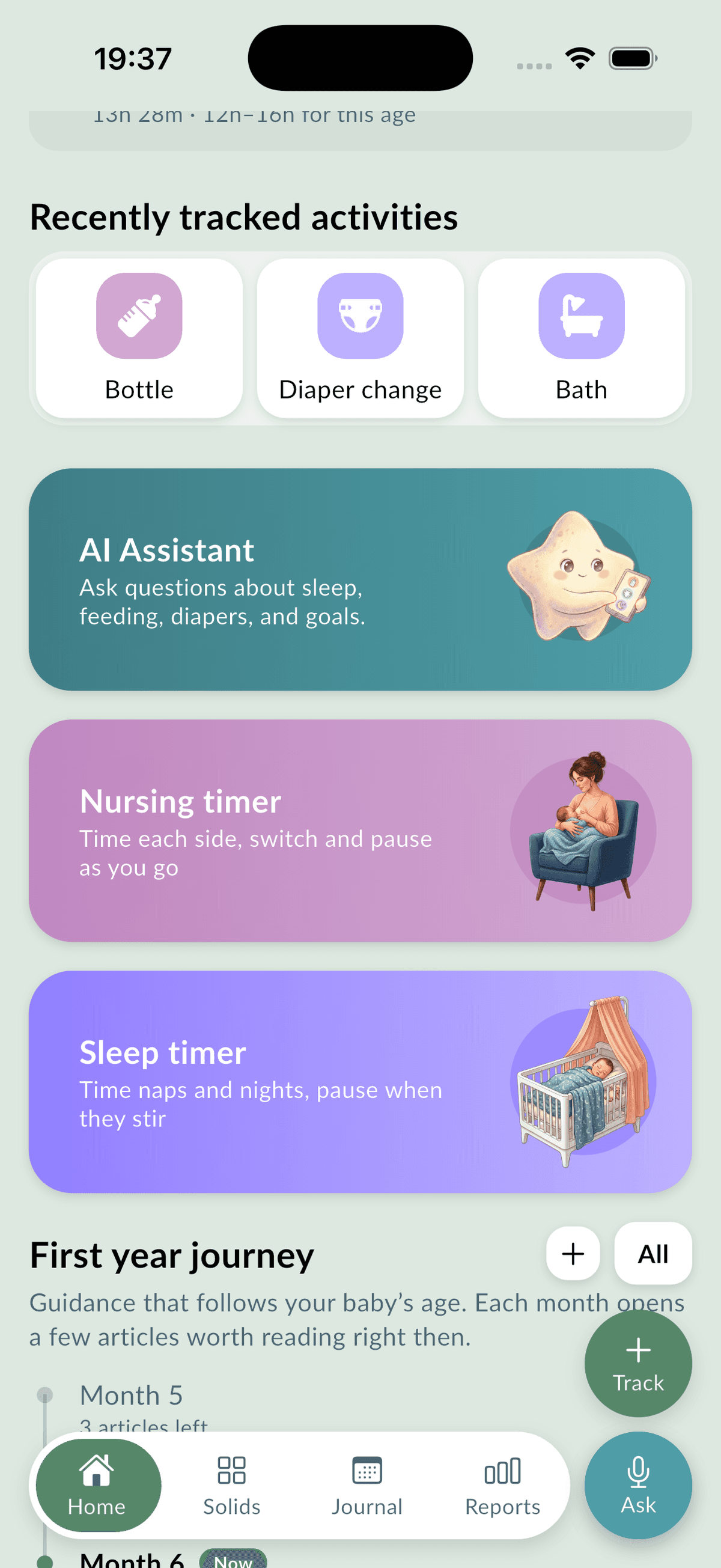 The AI assistant card above the nursing and sleep timers on the home screen