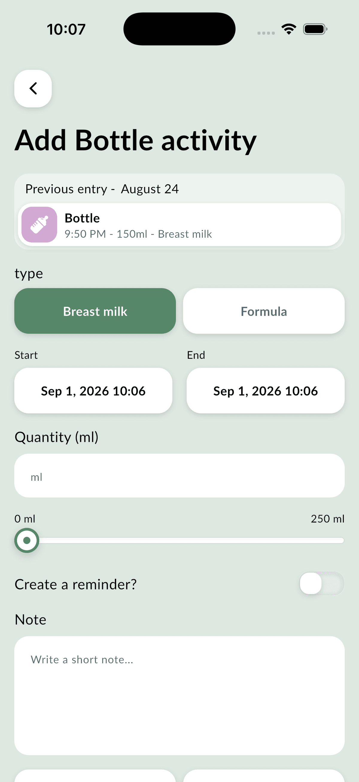 The add-bottle screen: a breast-milk or formula toggle, start and end times, and the amount in millilitres, above the previous feed for reference
