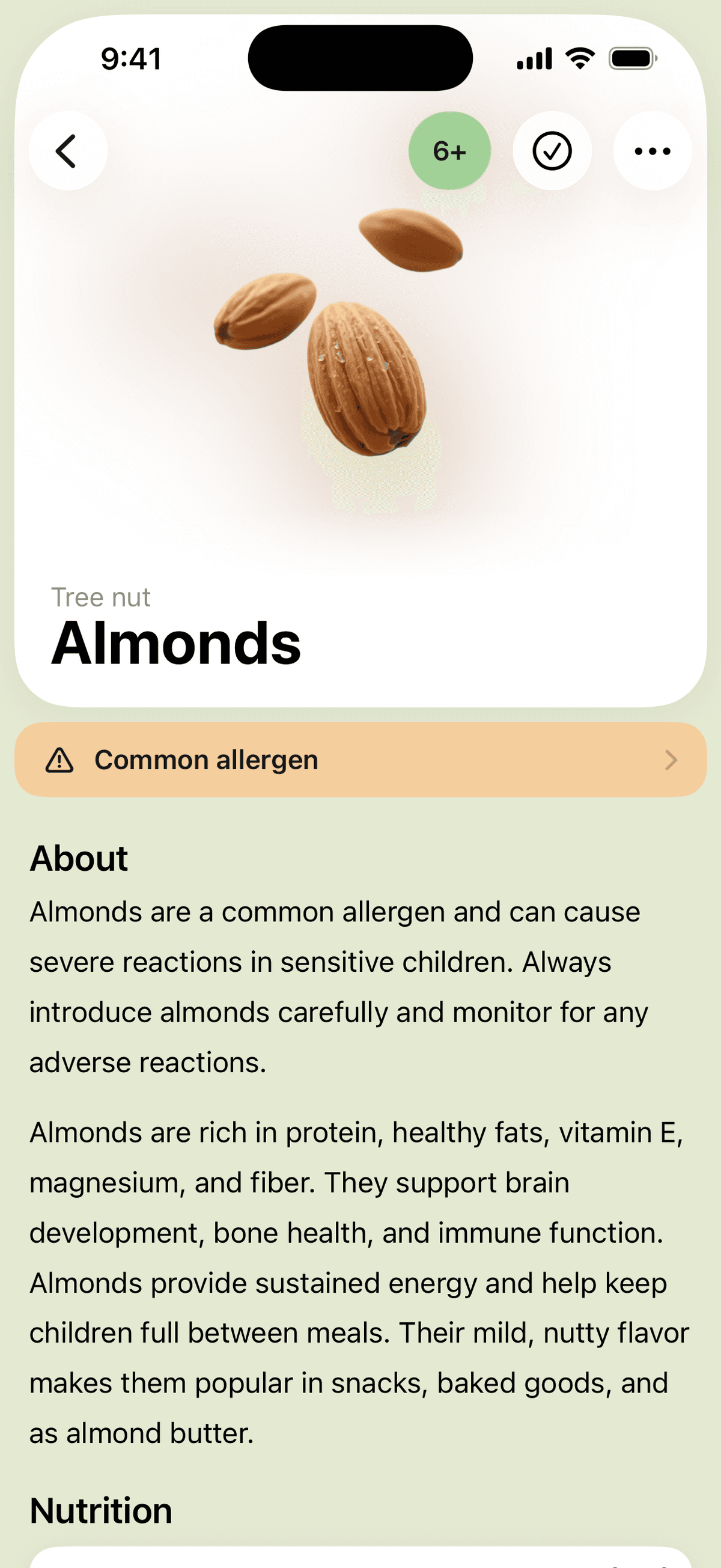 The almond page, flagged as a common allergen, with notes on how to introduce it