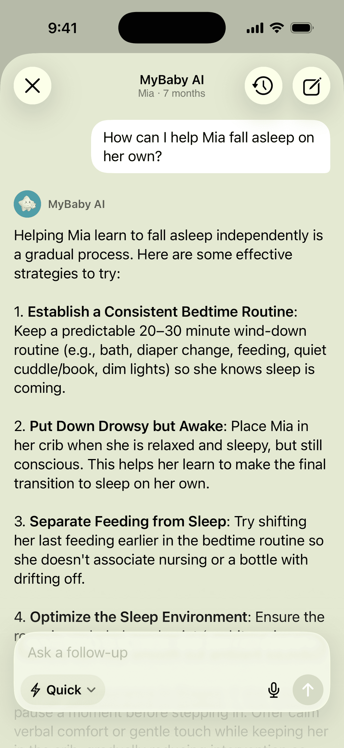 The AI assistant answering how to help a seven-month-old fall asleep on her own