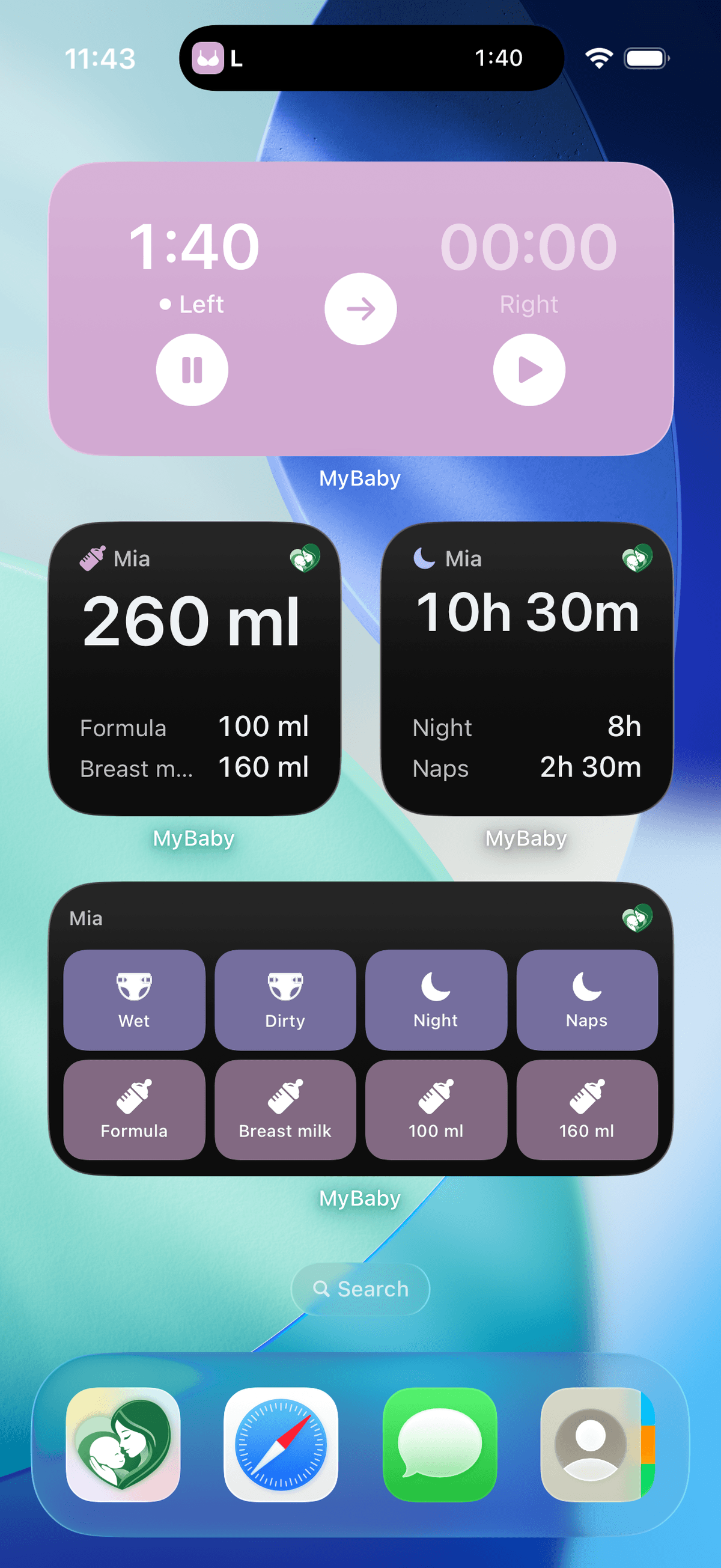An iPhone Home Screen carrying three MyBaby widgets — a nursing timer with per-side clocks, today's bottle and sleep totals, and a grid of one-tap log buttons — with a running feed in the Dynamic Island