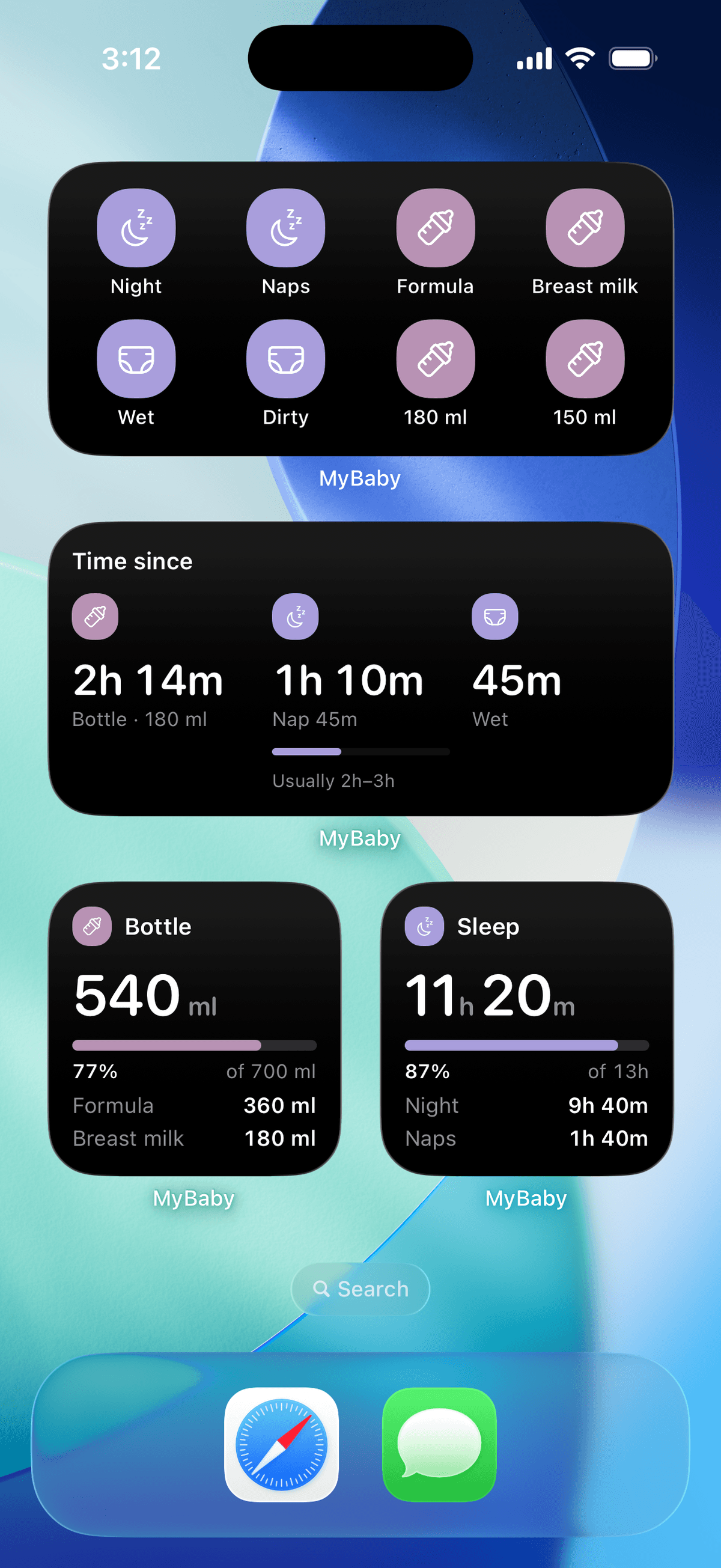 MyBaby widgets on the iPhone Home Screen: one-tap logging, time since the last bottle, nap and diaper, and today's bottle and sleep totals