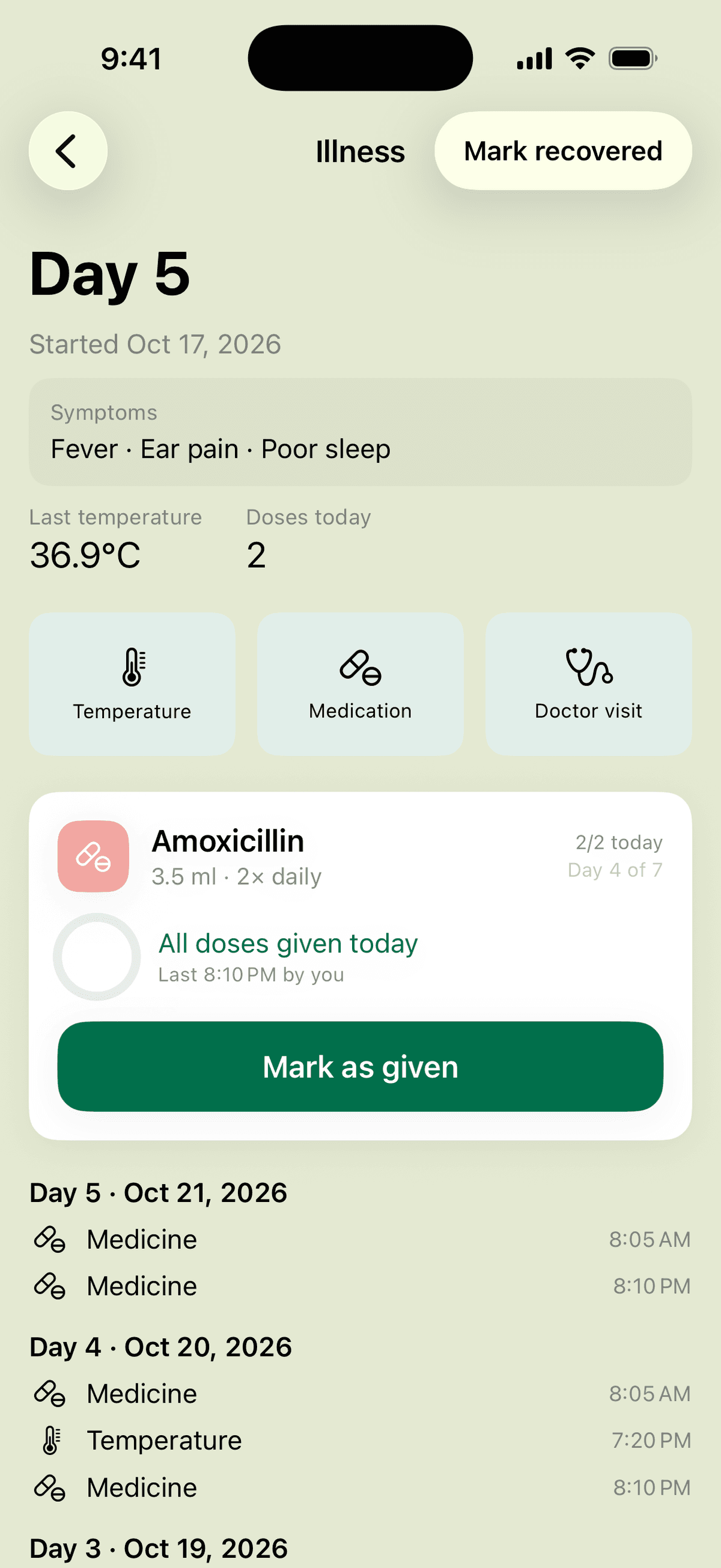 An illness episode on day 5: symptoms, last temperature, an antibiotic course on day 4 of 7 with both of today's doses given, and every dose and temperature listed by day