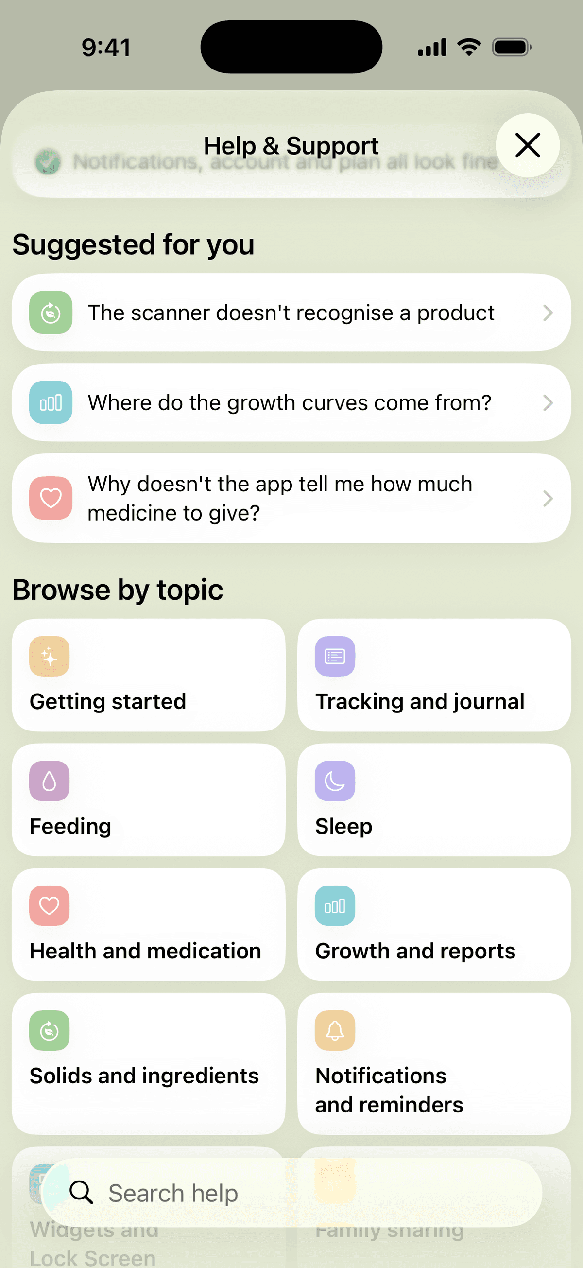 The MyBaby help centre: three answers suggested for the child's age, then the topics, from Getting started to Notifications and reminders, with a search field at the bottom