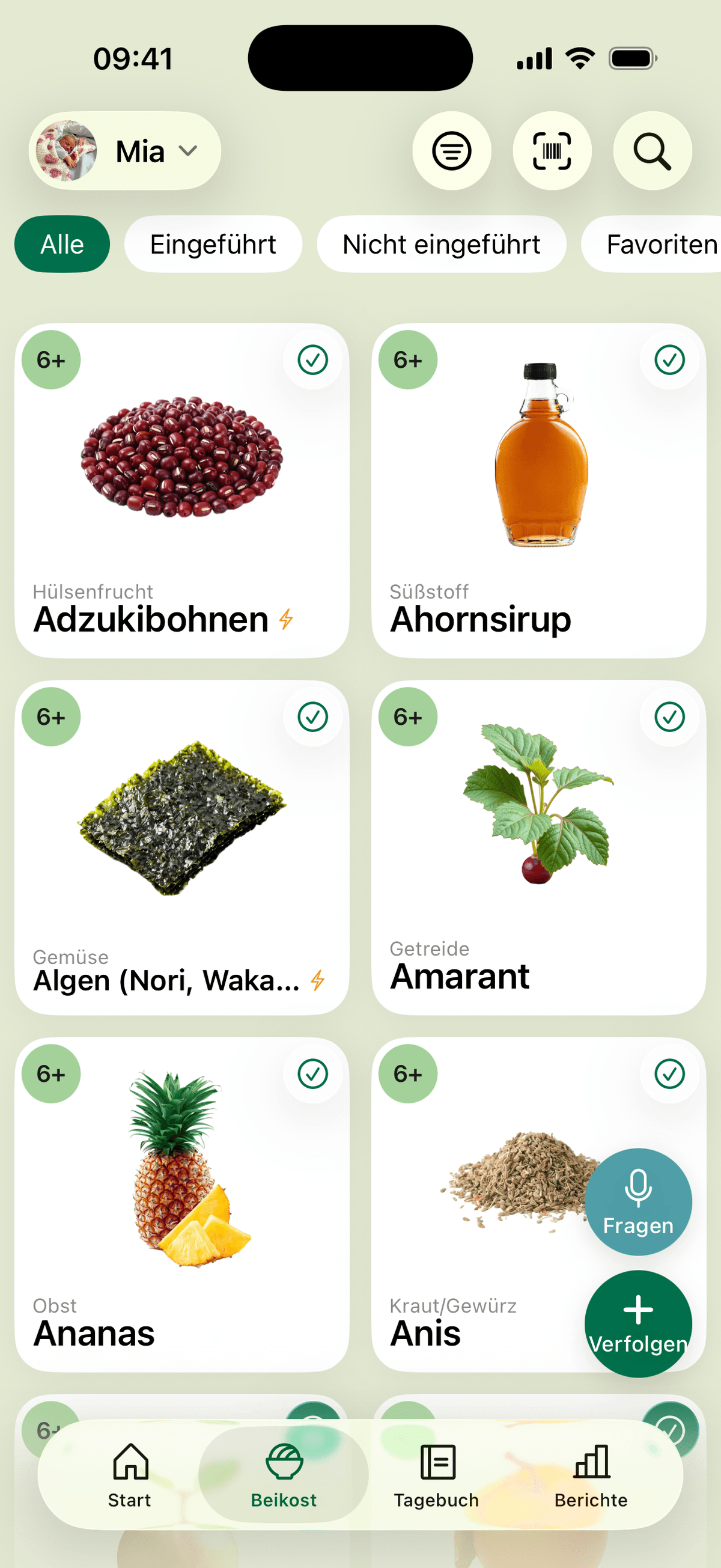 Der Beikost-Katalog: Lebensmittel mit Altersangabe und einer Markierung für bereits eingeführte, gefiltert nach eingeführt, nicht eingeführt und Favoriten