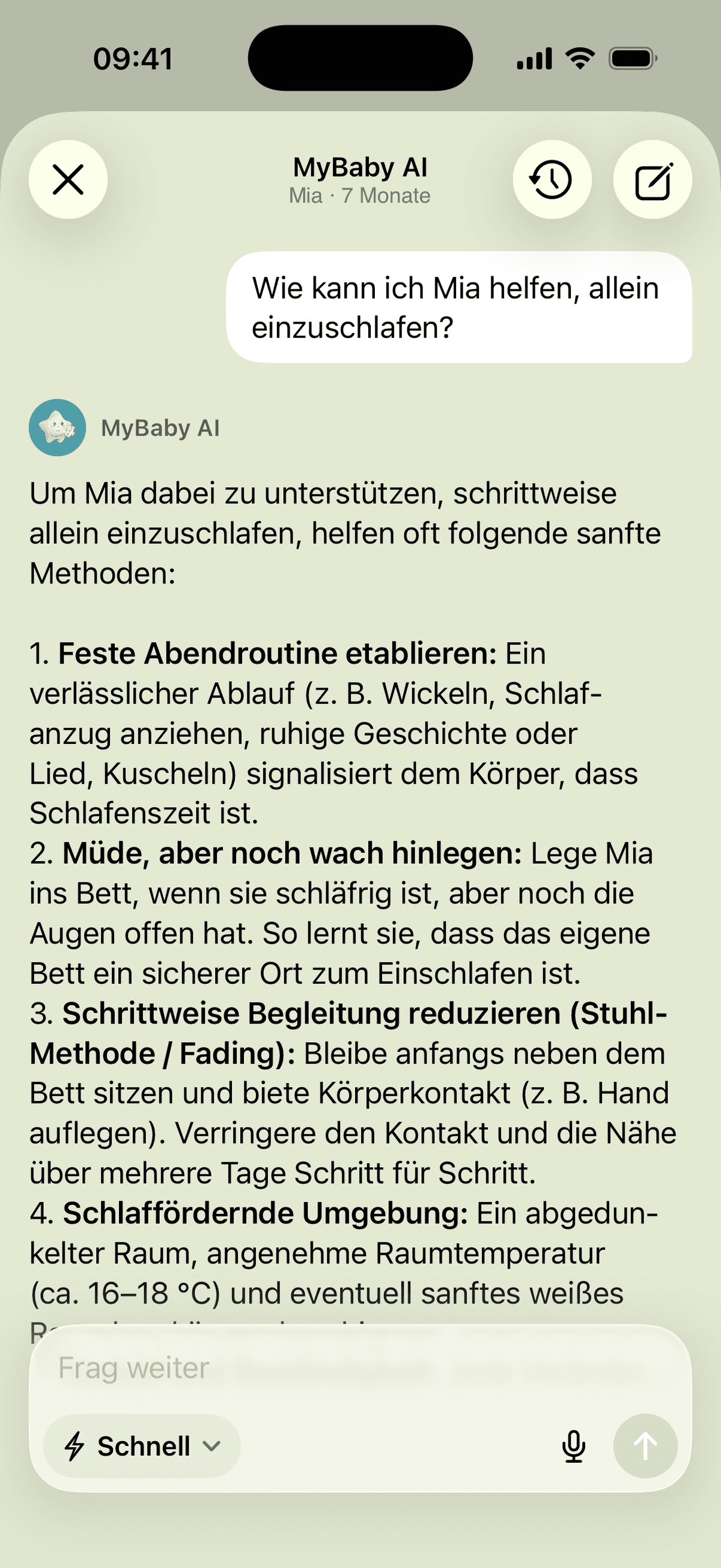 Der KI-Assistent erklärt, wie man einem sieben Monate alten Baby hilft, allein einzuschlafen