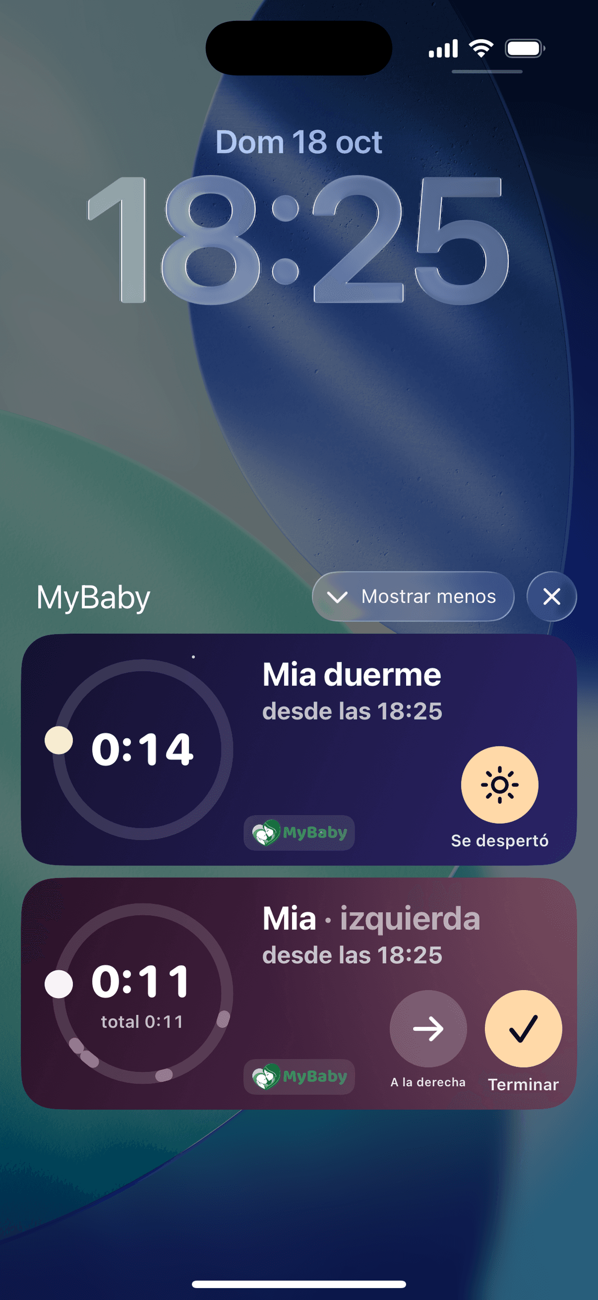 La pantalla bloqueada con dos temporizadores en marcha: una siesta, con un botón para marcar que el bebé se ha despertado, y una toma en el pecho izquierdo, con botones para cambiar al derecho o terminar
