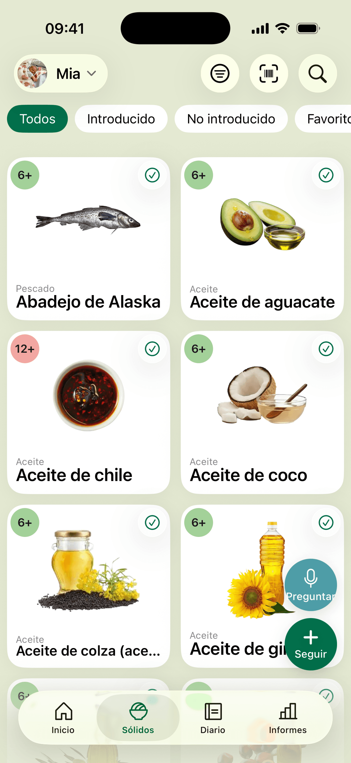 El catálogo de sólidos: alimentos con la edad de introducción y una marca de introducido, filtrados por introducidos, no introducidos y favoritos