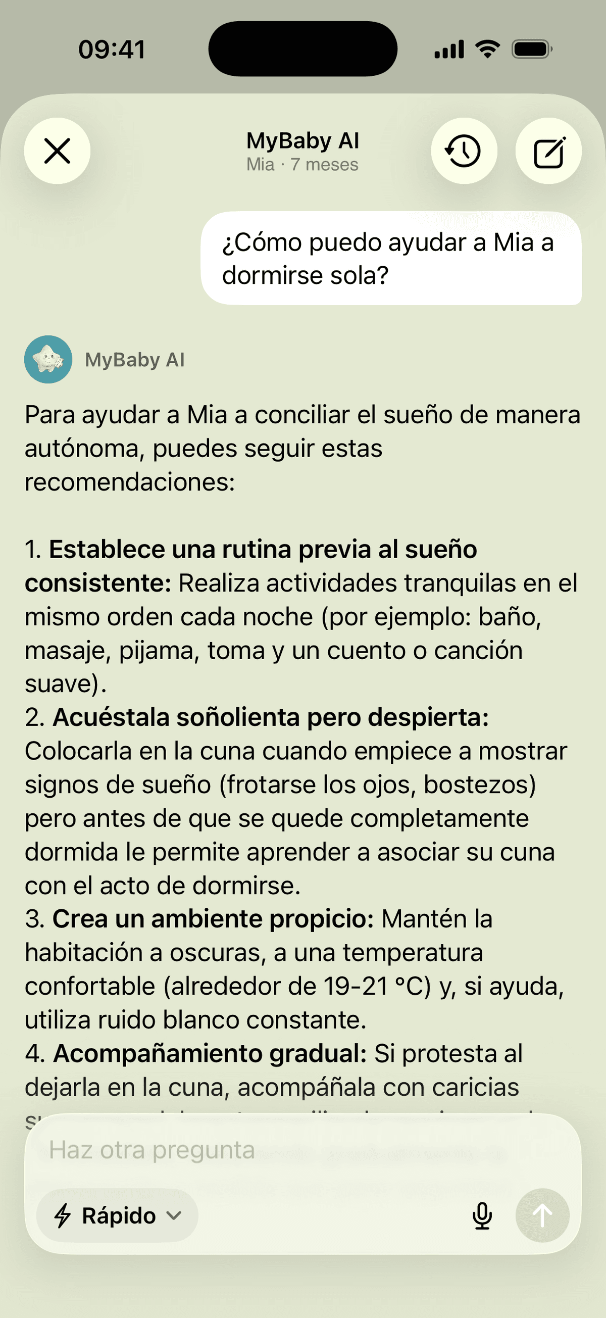 El asistente de IA respondiendo cómo ayudar a una bebé de siete meses a dormirse sola