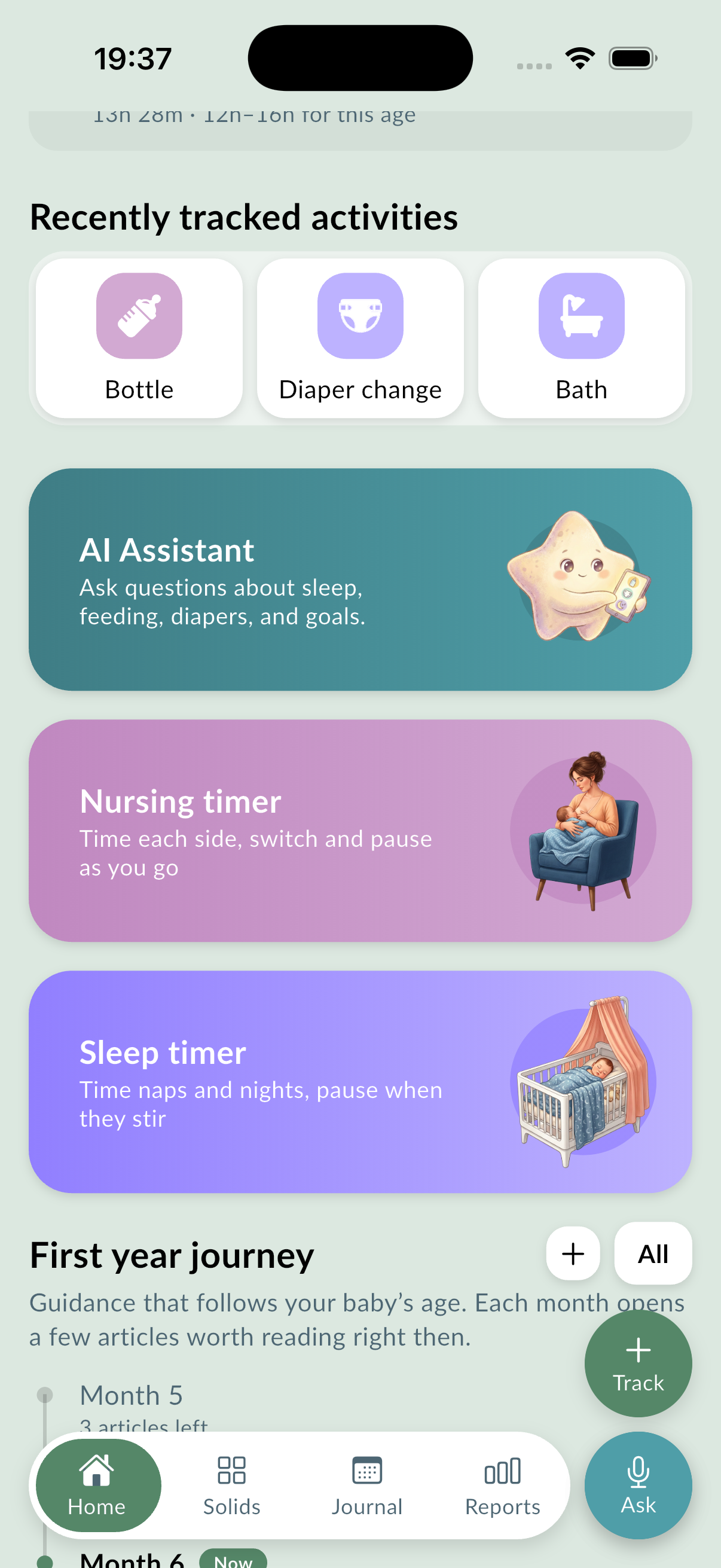The nursing timer, sleep timer and AI assistant cards on the home screen