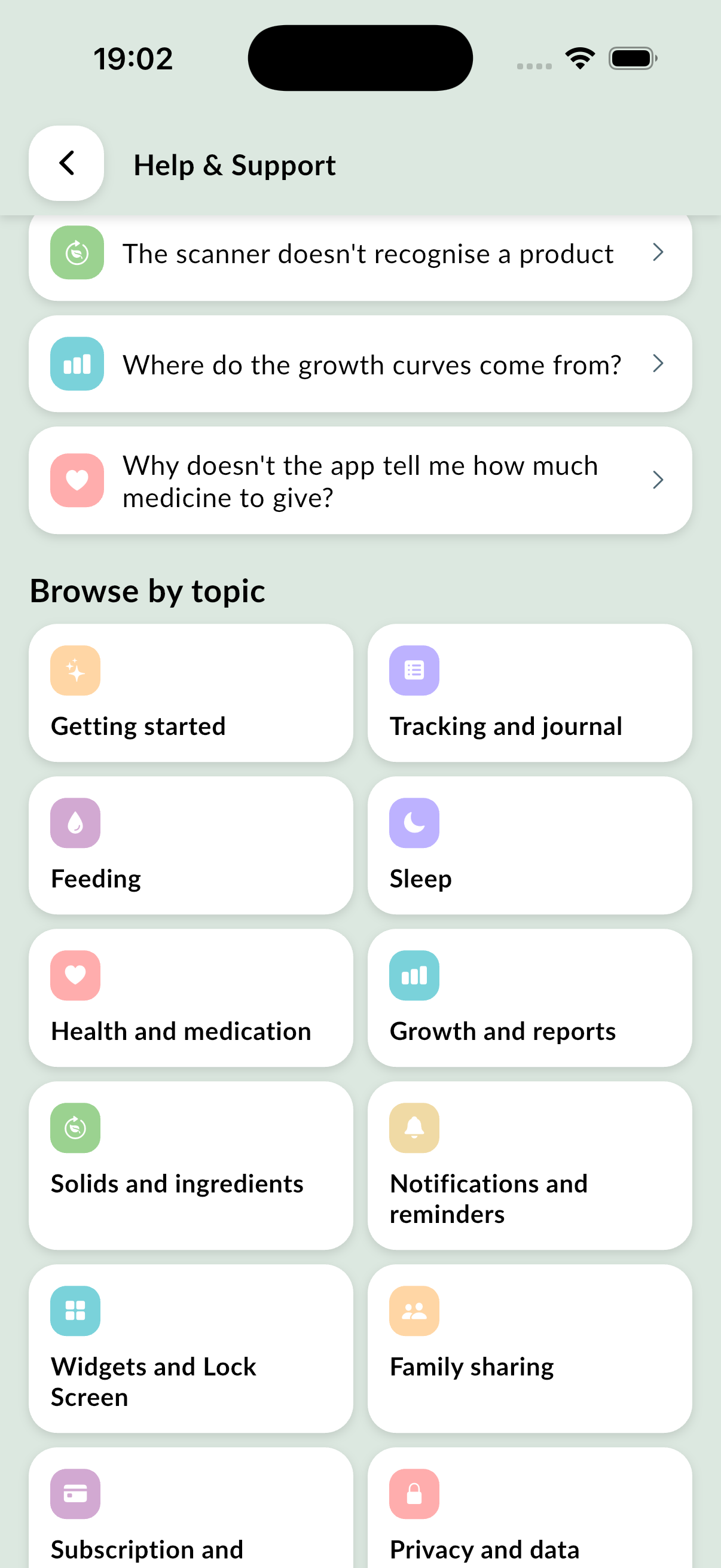 The MyBaby help centre: three answers picked for the child's age, then a grid of twelve topics from Getting started to Privacy and data