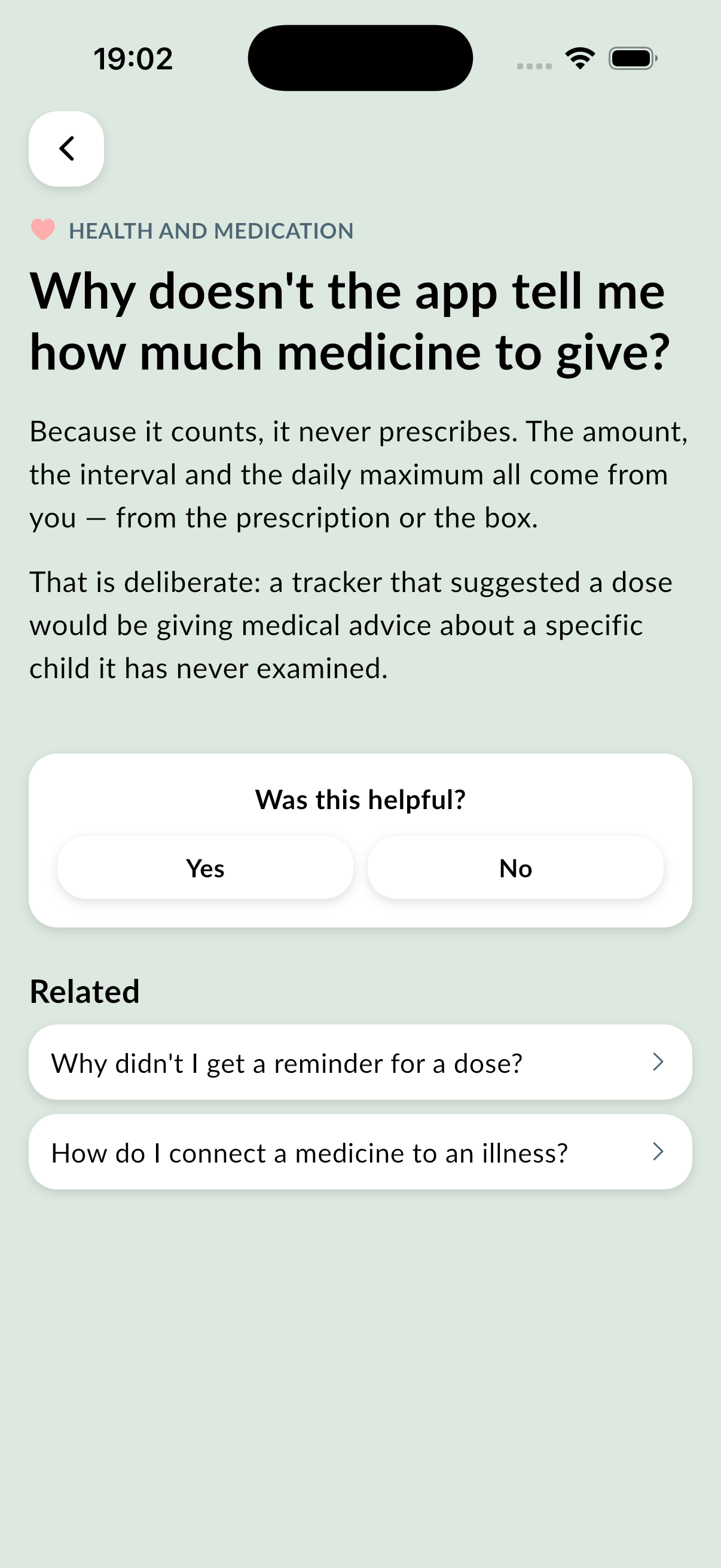 A help answer about medication doses, with a “Was this helpful?” card underneath and two related questions below that